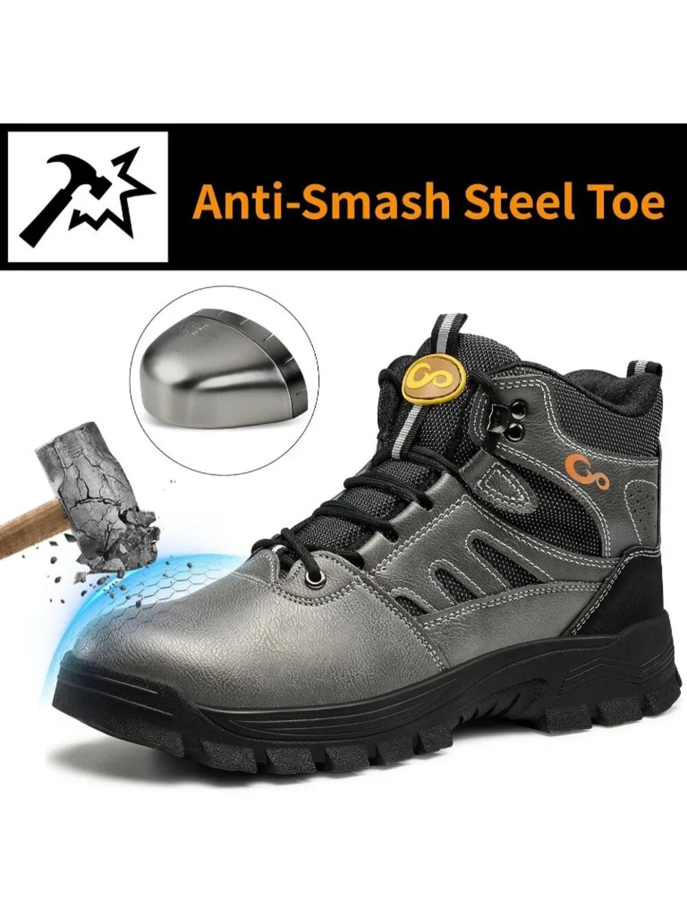 Men's Grey Waterproof Shoes Solid High Top Steel Toe Outdoor Hiking Boots